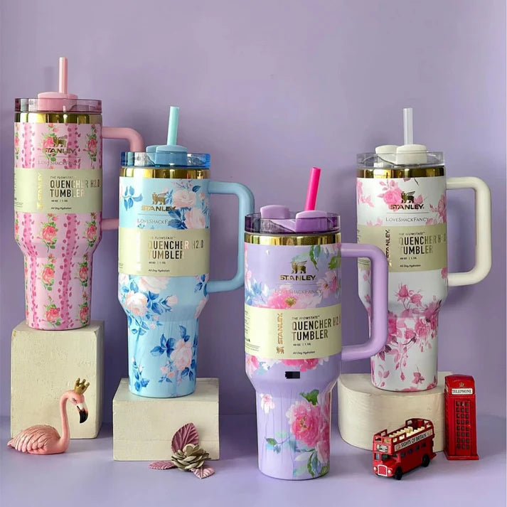 Stainless Steel Flower Design Tumbler With Lid, Vacuum Insulated Car Mug