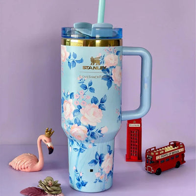 Stainless Steel Flower Design Tumbler With Lid, Vacuum Insulated Car Mug