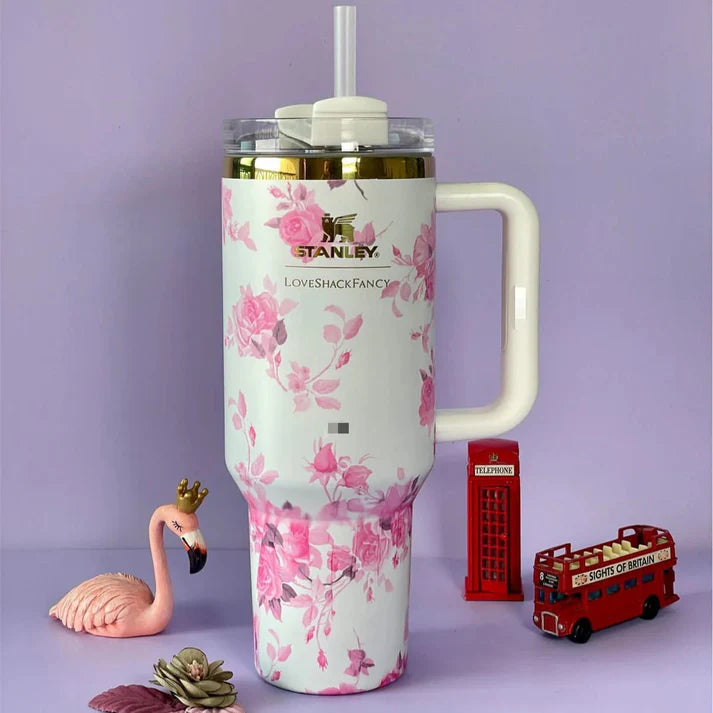 Stainless Steel Flower Design Tumbler With Lid, Vacuum Insulated Car Mug