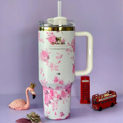 Stainless Steel Flower Design Tumbler With Lid, Vacuum Insulated Car Mug