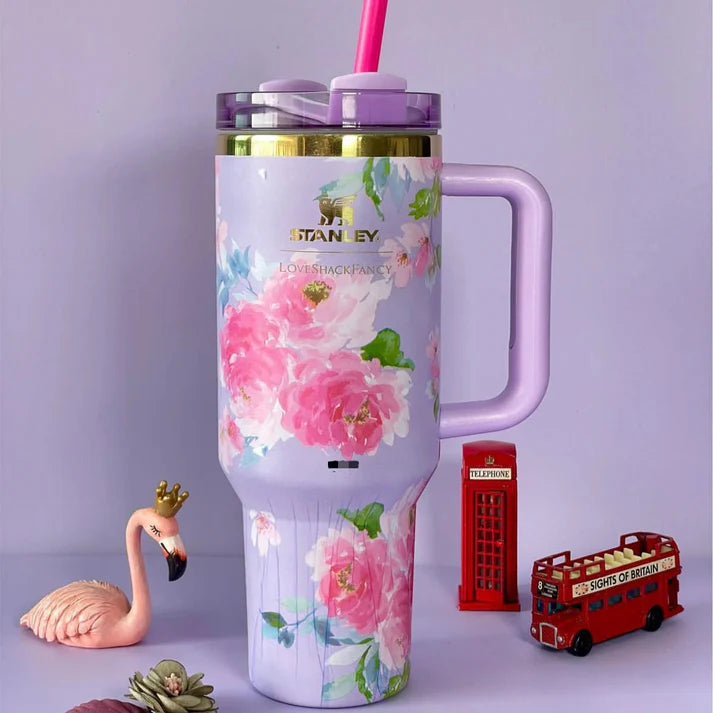Stainless Steel Flower Design Tumbler With Lid, Vacuum Insulated Car Mug