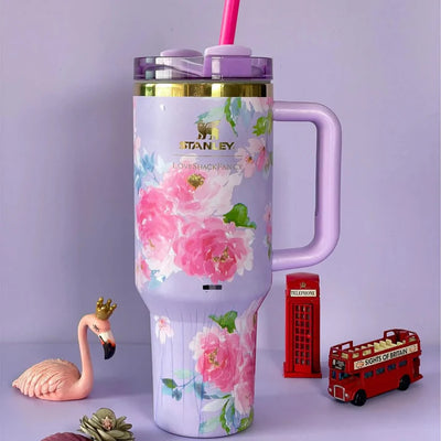 Stainless Steel Flower Design Tumbler With Lid, Vacuum Insulated Car Mug