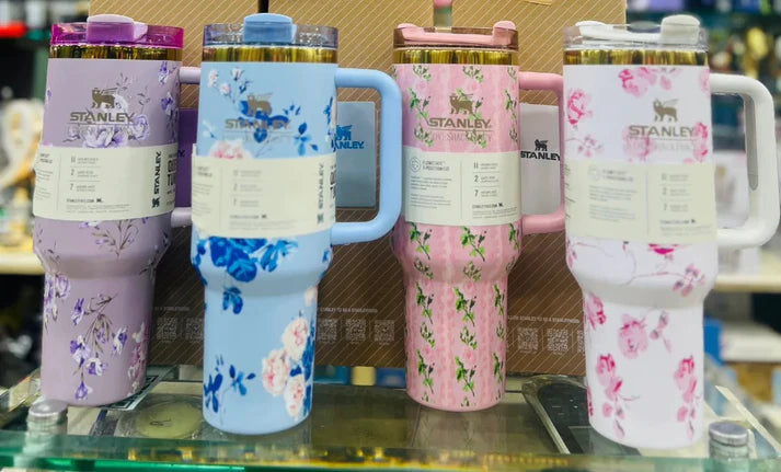 Stainless Steel Flower Design Tumbler With Lid, Vacuum Insulated Car Mug