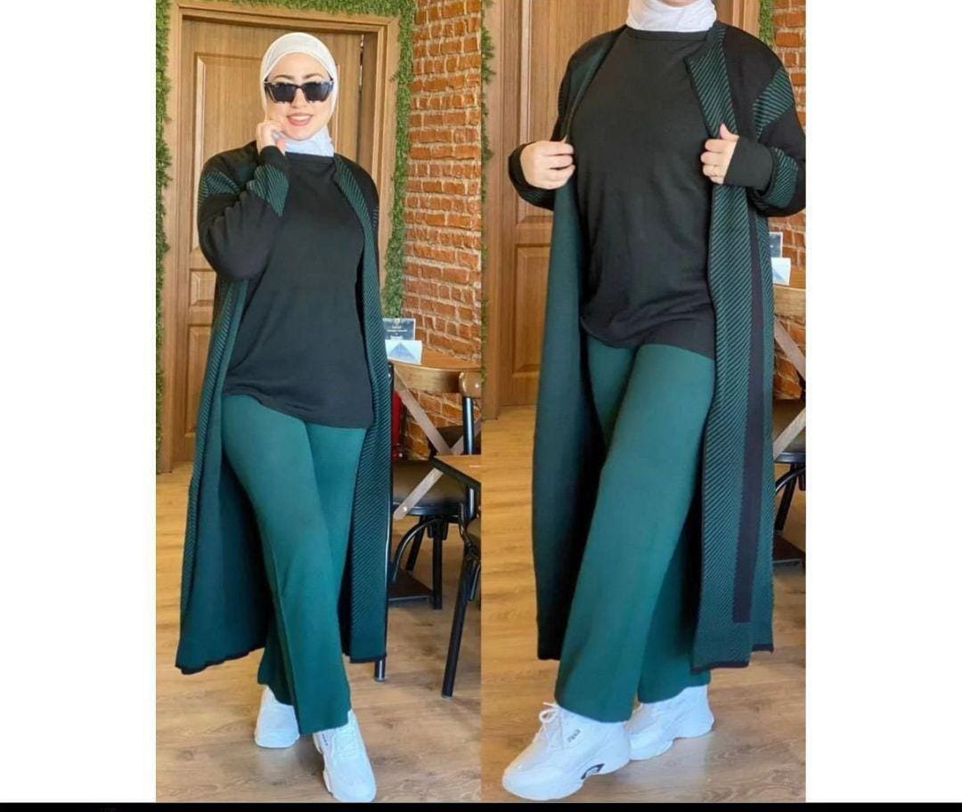 Ready To Wear 3 Pcs Winter Fleece Long Cardigan Outfit